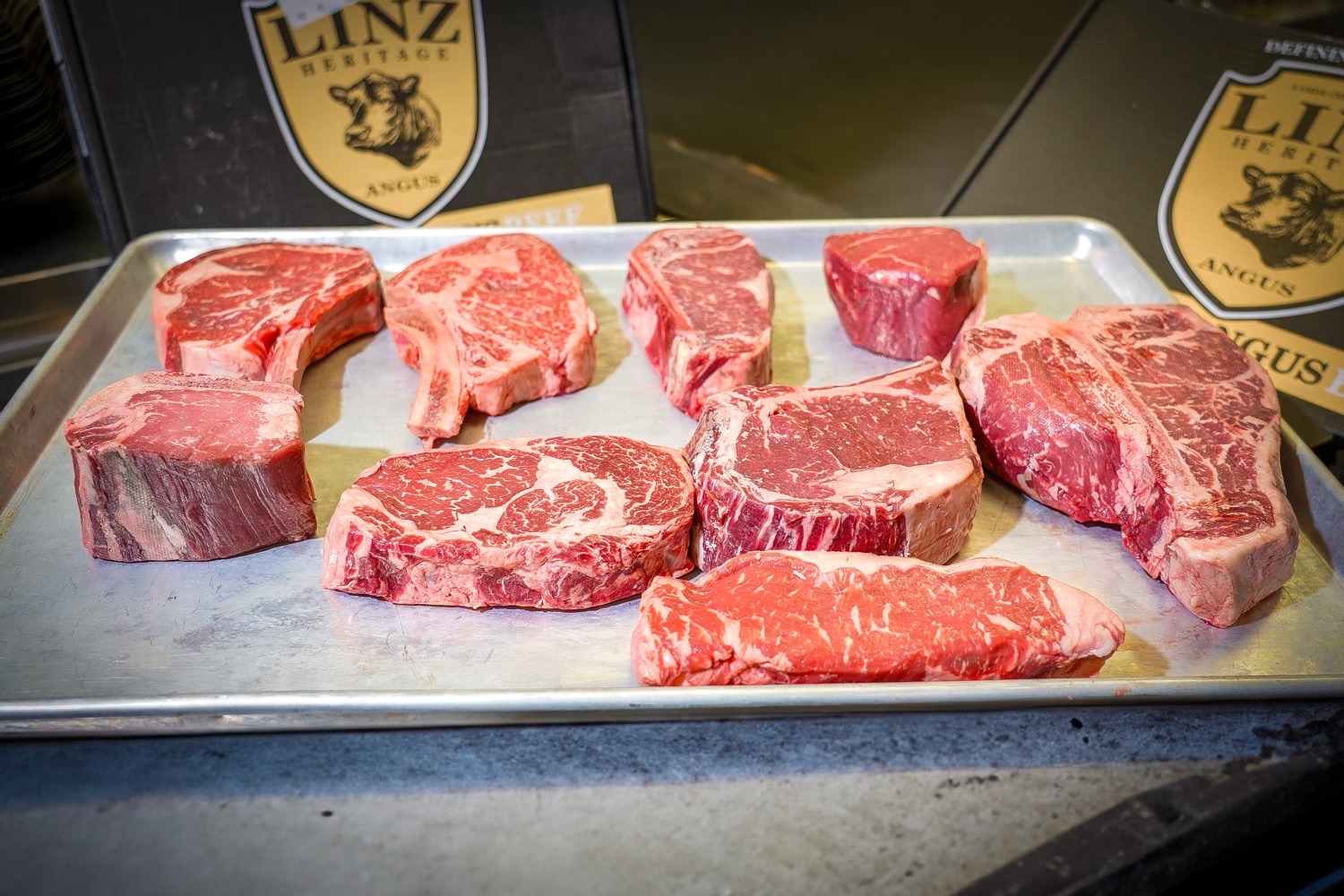 Linz Heritage Angus cuts on a butcher tray